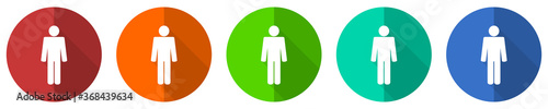 Male icon set, gender, red, blue, green and orange flat design web buttons isolated on white background, vector illustration