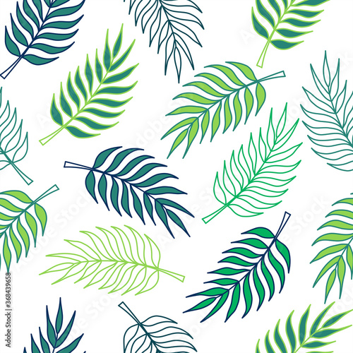 Tropical pattern with green palm tree leaves on white background. Great for wallpaper, backgrounds, invitations, packaging, design projects, textile scrapbooking