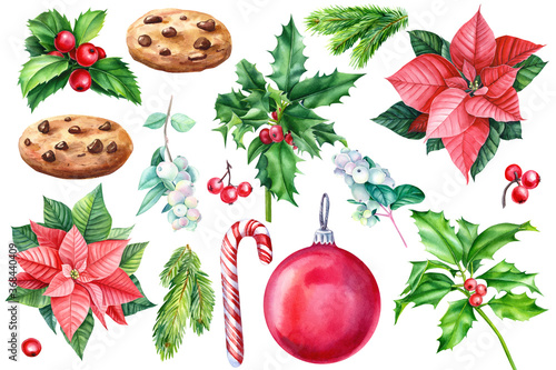 Christmas symbol, decorative elements. Watercolor poinsettia flowers, holly branches, lollipop, cookies, balls