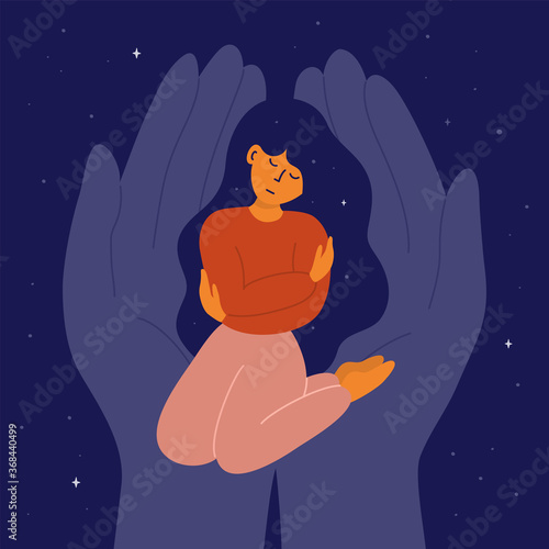 Self care, love, acceptance concept. Woman with closed eyes sitting on knees, embracing yourself. Mental health issue, feeling of frustrated, anxiety. Universe inside. Helping hand vector illustration