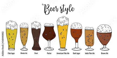 Set of different beer categories with titles. Hand drawn colorful vector sketch isolated illustration