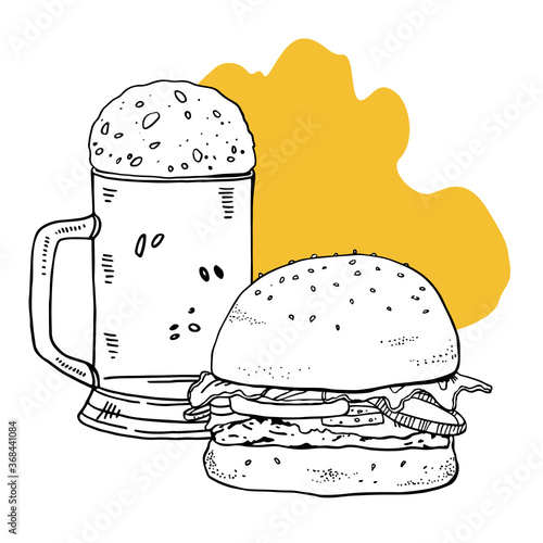 Beer mug with foam and burger. Hand drawn outline vector sketch illustration with colorful spot on the background