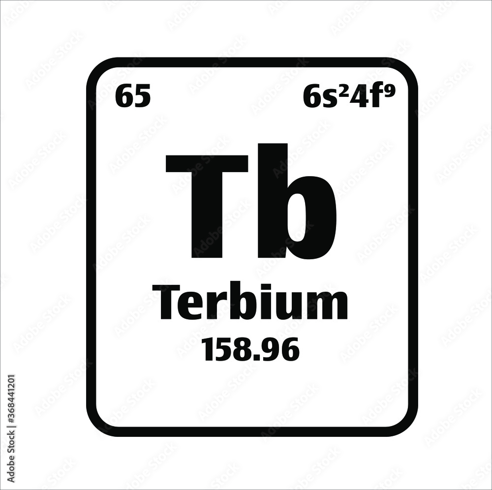 Terbium (Tb) button on black and white background on the periodic table of elements with atomic number or a chemistry science concept or experiment.	