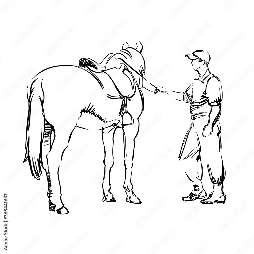 A Horseman and a Horse. Young Ranger Man. Freehand Monochrome Drawing of Animal and People. Linear Graphic. Realistic Pen Drawing Imitation. Vector Illustration. Mounted Constabulary. Animal Art A Horseman and a Horse. Young Ranger Man. Freehand Monochrome Drawing of Animal and People. Linear Graphic. Realistic Pen Drawing Imitation. Vector Illustration. Mounted Constabulary. Animal Art