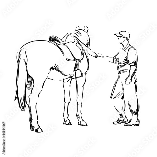 Fototapeta Naklejka Na Ścianę i Meble -  A Horseman and a Horse. Young Ranger Man. Freehand Monochrome Drawing of Animal and People. Linear Graphic. Realistic Pen Drawing Imitation. Vector Illustration. Mounted Constabulary. Animal Art