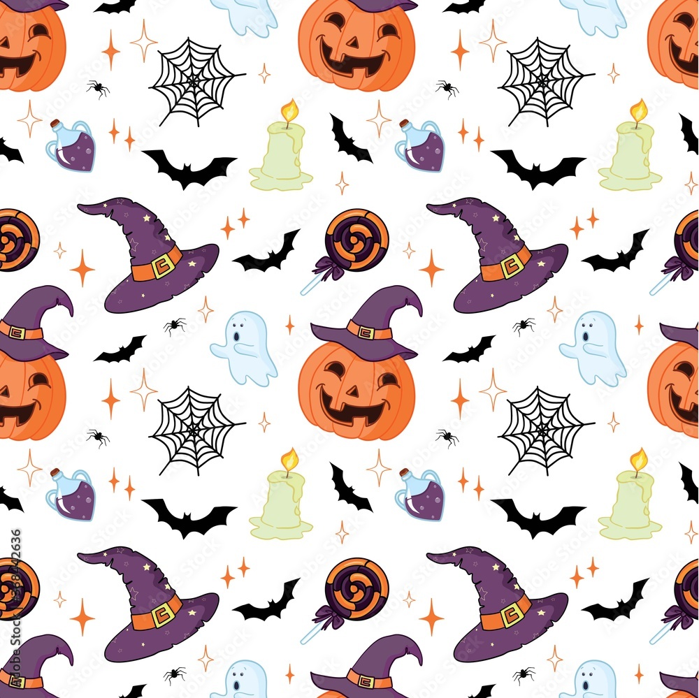 Halloween pattern with orange pumpkins and bats on white Halloween pattern with orange pumpkins and bats on white
