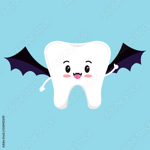 Cute tooth in vampire bat costume isolated vector icon. White tooth in Halloween carnival costume- dental character for dentist halloween card. Flat design cartoon kawaii style illustration.