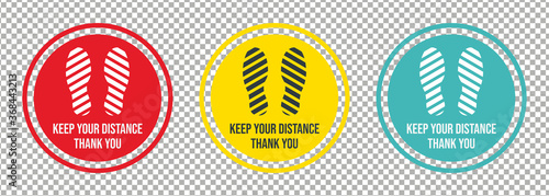 Social distancing concept. Vector of footprint sign red color with text keep your distance for the print floor.
Keep Social distance label for floor whit Transparency background.