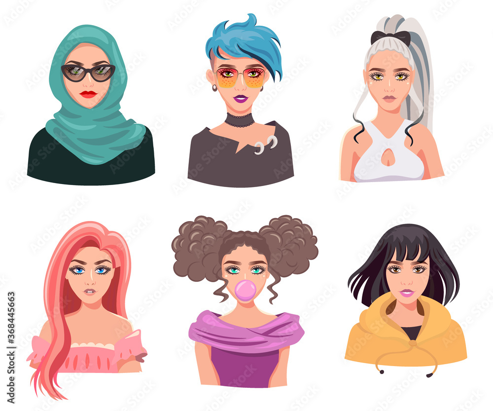 Young women avatar set, isolated on white. Collection of girls with different hairstyles. Bundle of cartoon female portraits, flat vector illustration Young women avatar set, isolated on white. Collection of girls with different hairstyles. Bundle of cartoon female portraits, flat vector illustration