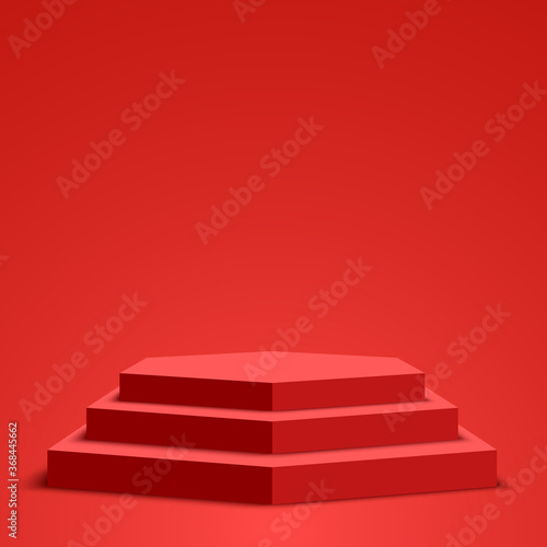 Red podium. Pedestal. Hexagonal scene. Vector illustration.