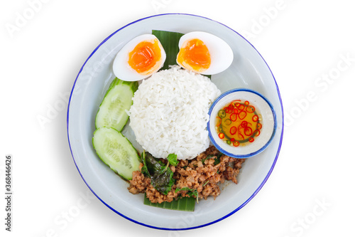 Basil rice on dish. esan style food. Food menu made from meat. Thailand Food on dish isolated on white background.