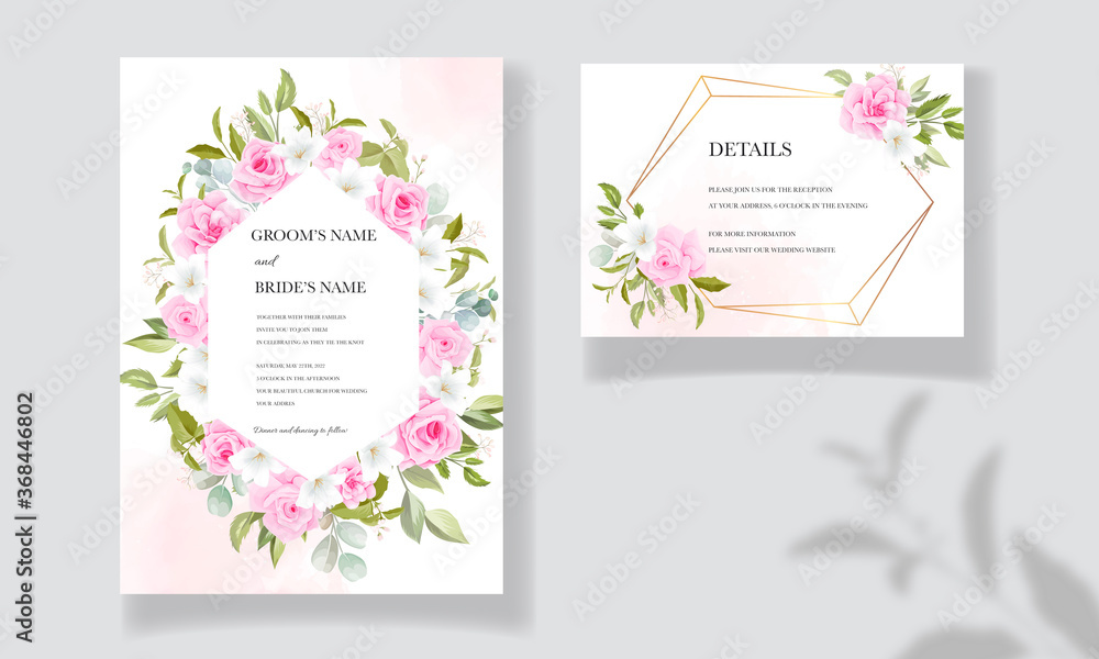 Beautiful wedding invitation template set with soft pink floral frame and border decoration