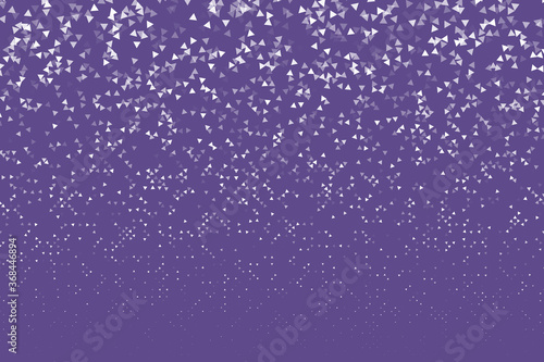 Modern abstract mosaic gradient with white triangular elements on a violet background. Falling geometric shapes with various transparency. Mimimal halftone vector illustration eps10