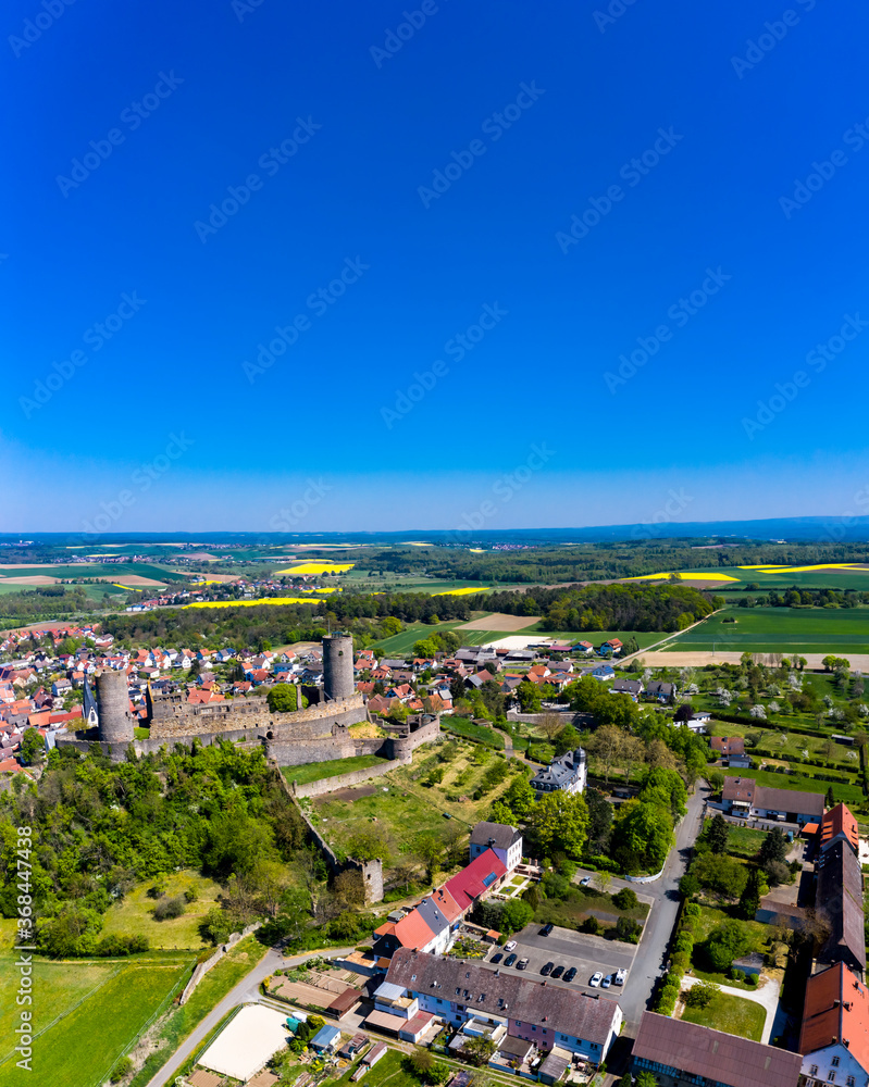 Aerial view, Münzenberg castle, Muenzenberg village, Wetterau, Hesse, Germany