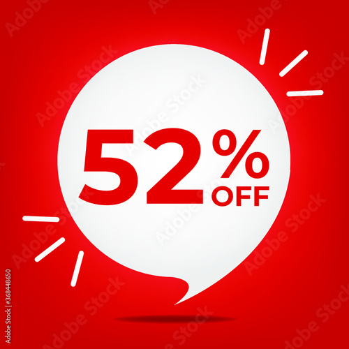 52% off. Banner with fifty-two percent discount. White bubble on a red background vector.