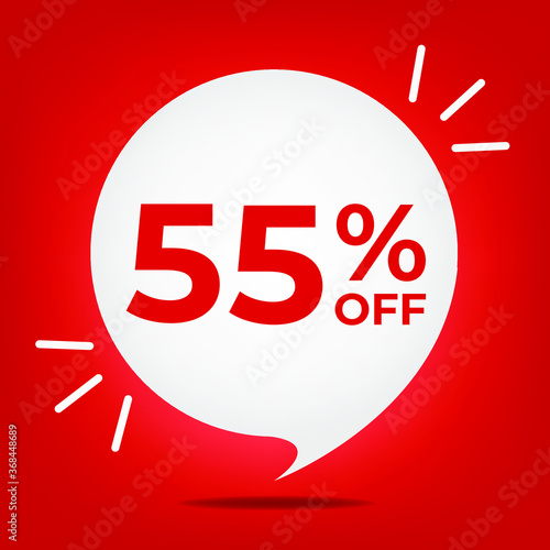 55% off. Banner with fifty-five percent discount. White bubble on a red background vector.