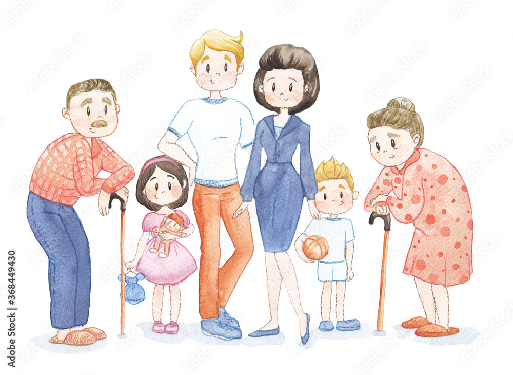 Watercolor illustration of big family with parents, children and grandparents Watercolor illustration of big family with parents, children and grandparents