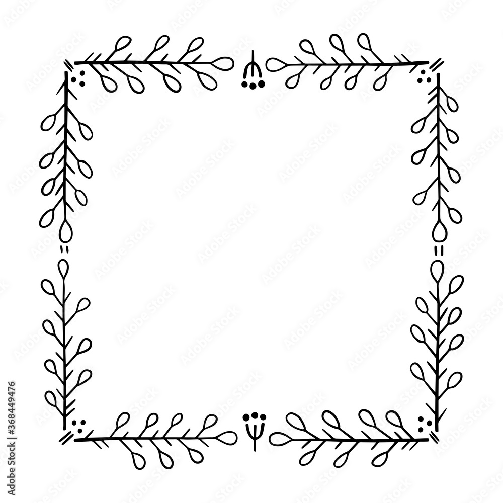 Square frame for text decoration in doodle style. Natural style, branches, plants, flowers. Square frame for text decoration in doodle style. Natural style, branches, plants, flowers.