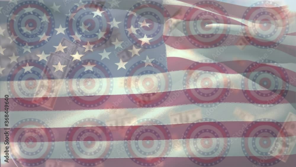 American dollars falling and stars on spinning circles against waving US flag American dollars falling and stars on spinning circles against waving US flag