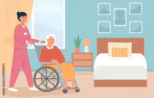 Residential care facility. A nurse with old woman on wheelchair. A bedroom in nursing home or retirement home. Scene of disabled elderly person with social worker at home. Concept of assisted living.
