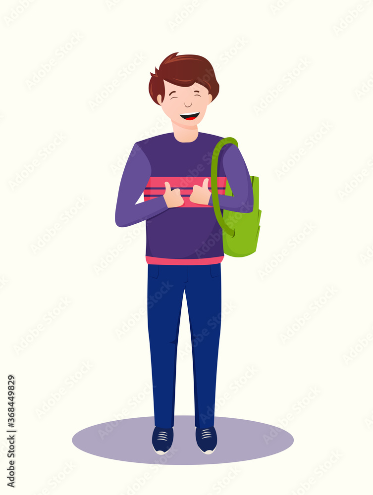 A School Boy wirh Backpack bag isolated, Student standing and smiling, Vector A School Boy wirh Backpack bag isolated, Student standing and smiling, Vector