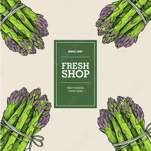 Fresh shop and market template. Poster with colored hand drawn asparagus bunches. Sketch style vector illustrations.