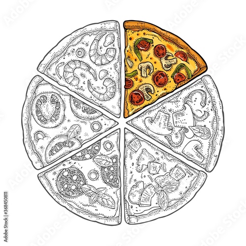 Square poster with monochrome and colorful slice pizza