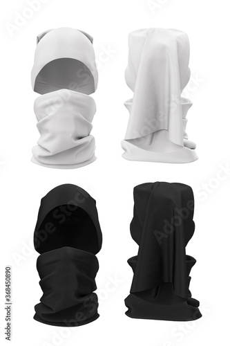 How to wear a seamless bandana. Option on the head and on the face. Universal headgear, sports accessory. 3d realistic render of clothes. Clothing templates, mock up black and white.