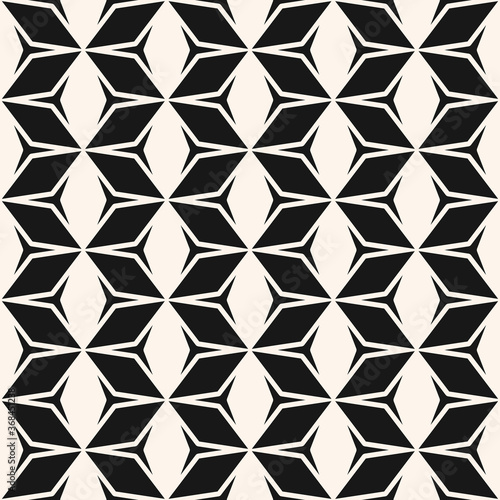 Vector monochrome geometric seamless pattern. Stylish black and white abstract geometric texture with rhombuses, diamonds, triangles, star shapes, hexagon grid. Simple geo background. Repeat design