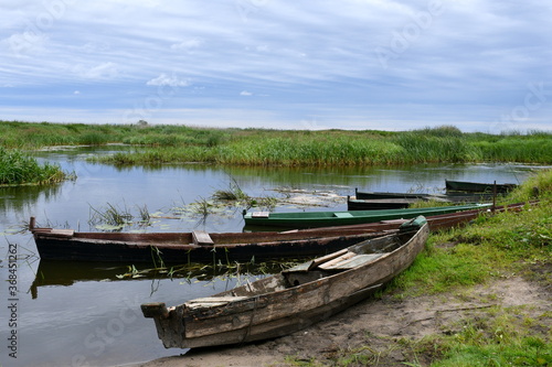 Fototapeta Naklejka Na Ścianę i Meble -  Close up on a set of old abandoned wooden ships, kayaks or barges parked next to the sandy coast of a river or lake next to a large amount of reeds seen on a cloudy moody day in Poland