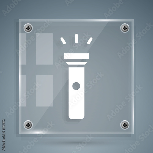 White Flashlight icon isolated on grey background. Square glass panels. Vector Illustration.