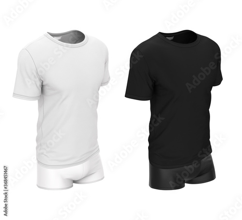 Set of underwear, sportswear. Men's t-shirt and shorts. 3d realistic clothing template isolated on white background. Clothing mock up black and white color.