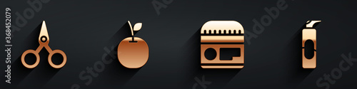 Set Scissors, Apple, Cream or lotion cosmetic tube and Spray can for hairspray icon with long shadow. Vector.