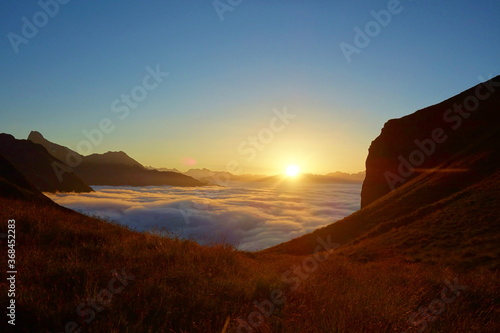 Mountain sunset from a section 5 of GR10 long-distance hiking trail in Pyrenees, France