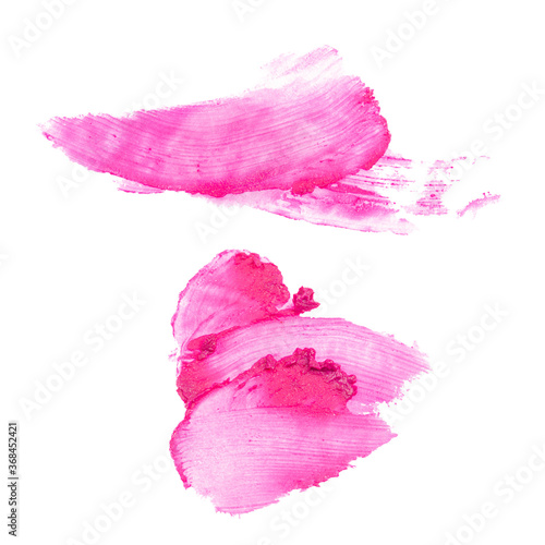 Set of strokes of pink lipstick. Brush stroke, smear, smudge of cosmetics. Dirty lipstick stains. Illustration isolated on white background. Texture, background, template.