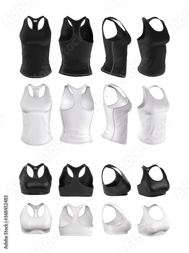 Set of women's sportswear. Tank top and brasier in white and black. 3d render of realistic clothing template, mock up sports uniform isolated on a white background.