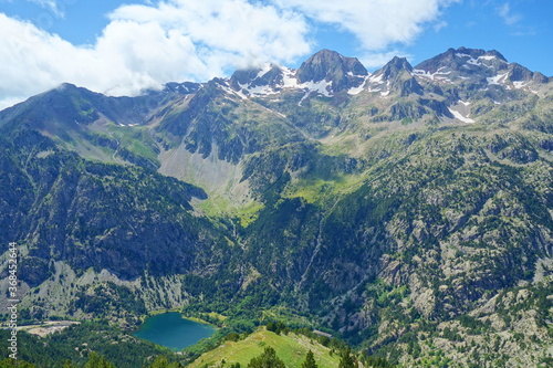 View from a hiking trail GR11 in Pyrenees on Banos de Panticos village, Huesca, Spain