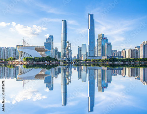 Mirrored scenery of CBD buildings in Zhujiang New Town, Guangzhou, China