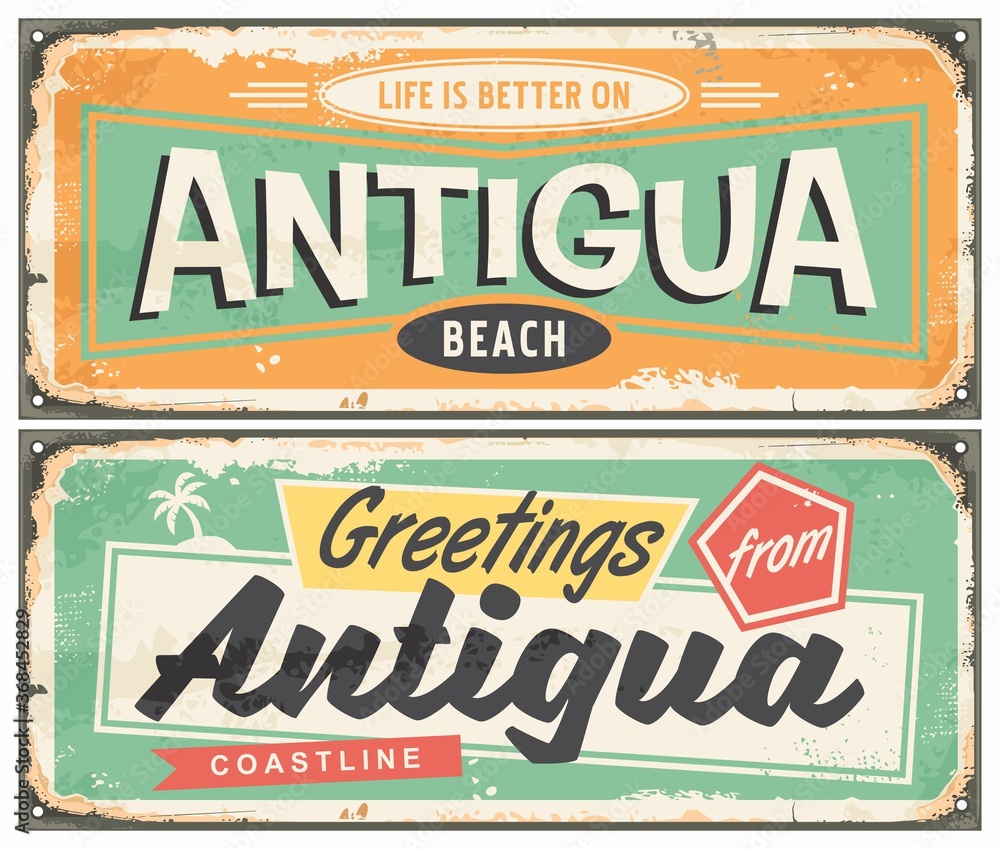 Antigua beach souvenir poster design in retro style. Caribbean island travel vacation greeting card template. Tropical destination  vector vintage illustration.  - obrazy, fototapety, plakaty 