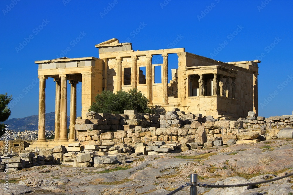 Greece, Athens, June 16 2020 - View of the archaeological site of Acropolis hill with Erechtheio temple in the background.