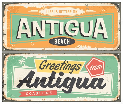 Antigua beach souvenir poster design in retro style. Caribbean island travel vacation greeting card template. Tropical destination  vector vintage illustration. 