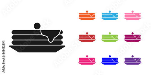 Black Stack of pancakes icon isolated on white background. Baking with syrup and cherry. Breakfast concept. Set icons colorful. Vector Illustration.