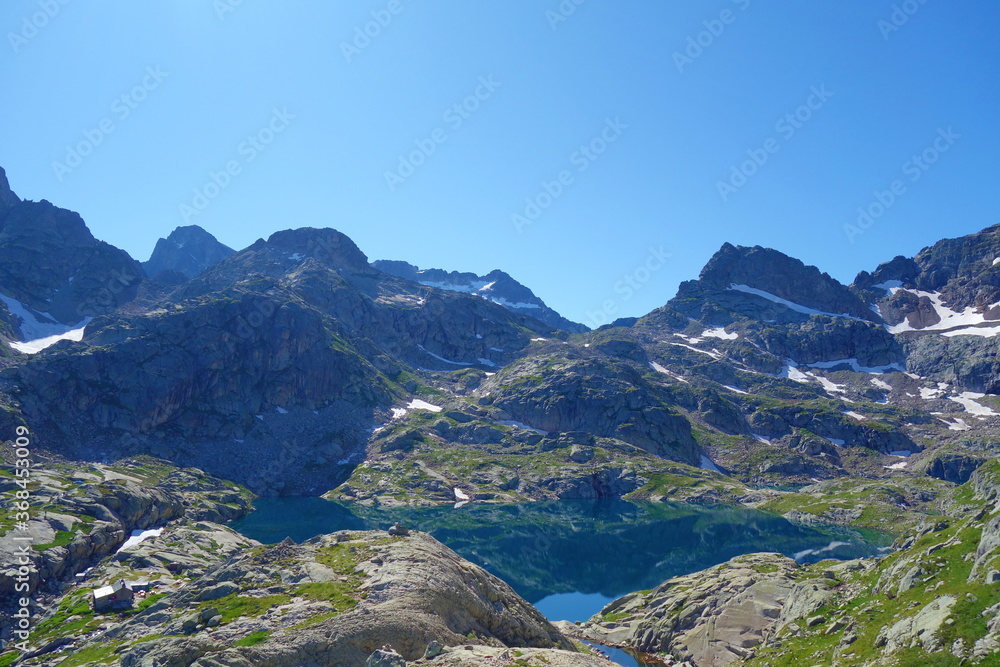 Arremoulit lake in Pyrenees mountain on a hiking trail GR10, France
