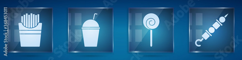 Set Potatoes french fries in box, Milkshake, Lollipop and Grilled shish kebab. Square glass panels. Vector.