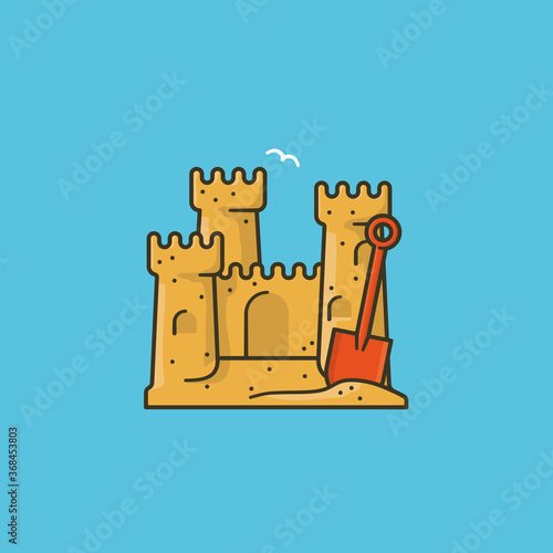 Sandcastle and shovel vector illustration for Sandcastle Day on August 1. Vacation, seaside and beach symbol.