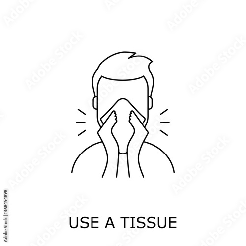 Sneeze line icon. Use a tissue text. Man sneezing in a paper napkin. Cover nose and mouth when coughing or sneezing. Personal hygiene. Coronavirus safety measures. Vector illustration, flat, clip art