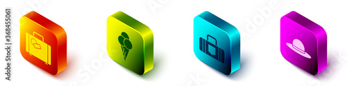 Set Isometric Suitcase, Ice cream in waffle cone, Suitcase and Elegant women hat icon. Vector.