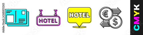 Set Passport with visa stamp, Signboard with text Hotel, Location hotel and Money exchange icon. Vector.