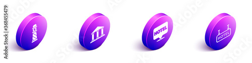Set Isometric Lighthouse, Museum building, Location hotel and Signboard with text Hotel icon. Vector.