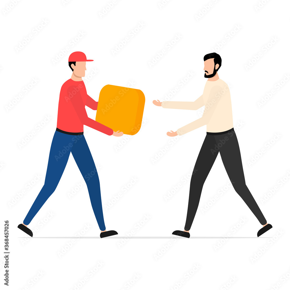 Young man getting order yellow parcel. Courier deliver parcel box to man vector isolated on white. Fast and free delivery. Ecological fast delivery.